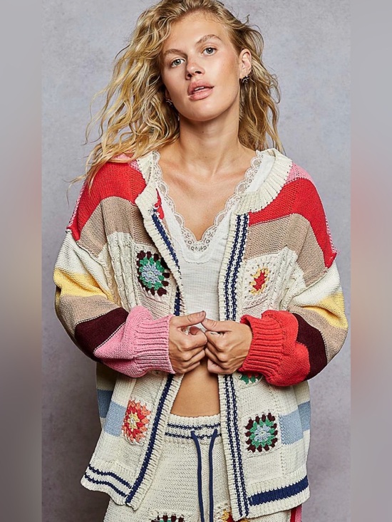 POL Sweaters - POL Striped, Multi-Coloured & Textured Knit Cardigan  - Oversized.